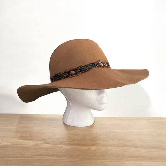 Boho Wide Brim Brown Felt Hat Feather Trim Western Floppy Festival Sun Hat - Picture 1 of 8